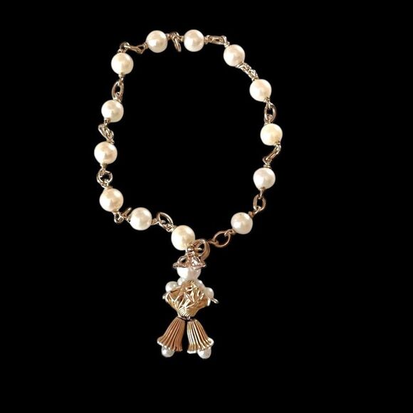 12k Gold Chain Link Pearl Bracelet w/Clown Charm - Picture 4 of 4